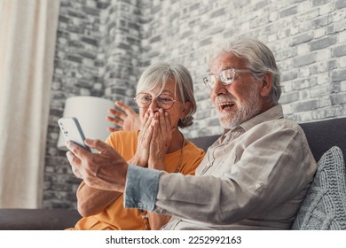 Happy older couple sit on couch staring at cellphone screen gesturing looking overjoyed, scream with joy, read fantastic news, get great commercial offer, pension raise. Success, achievement concept - Shutterstock ID 2252992163