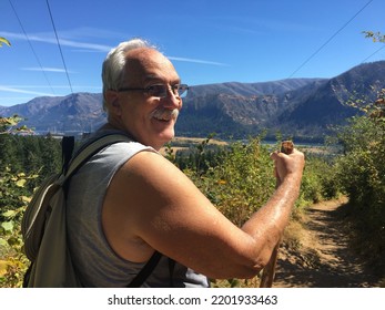 Happy Older Man (63 Years) Hiking Columbia River Gorge