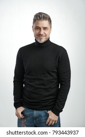 Happy Older Man With Gray Hair In Pullover Smiling, Isolated On White Background.