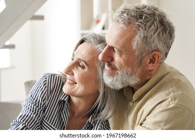 Happy older mature classy couple hugging, bonding, thinking of good future. Carefree mid age couple looking away dreaming together, enjoying comfort and wellbeing, feeling hope and pleasure at home.
