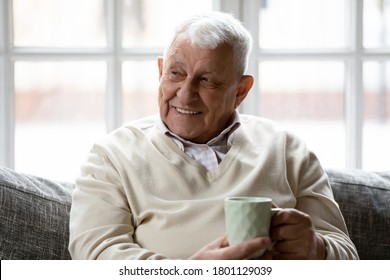 Happy Older Retired Man Relaxing On Comfortable Sofa With Cup Of Coffee Tea, Enjoying Peaceful Morning Time Alone In Living Room, Visualizing Future, Meditating Or Recollecting Good Memories Indoors.