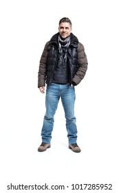 Happy Older White Man In Casual Coat And Jeans Isolated On White. Full-length Portrait.