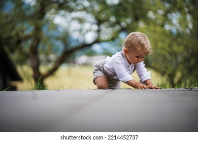 happy one year old baby boy sitting or crawling in chic festive summer clothes outdoor on the floor with magical, idyllic  flowery green garden trees in the background - Shutterstock ID 2214452737