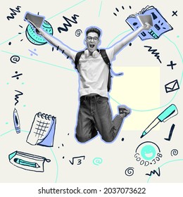 Happy Online Education System Concept. Contemporary Art Collage Of Student Boy Jumping Surrounded By Drawing School Tools. Network Study Support. Back To School Season