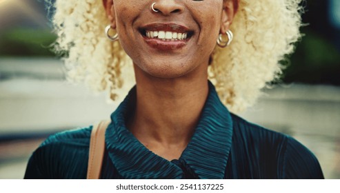 Happy, outdoor and person with smile, commuting and businesswoman in city, job opportunity and joy. Ambitious, cheerful and internship for journalism, creative and travel for work and morning - Powered by Shutterstock