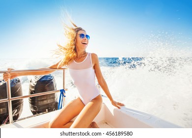 Happy Overjoyed Woman On A Boat