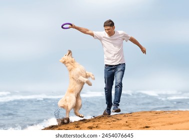 A happy owner and his golden retriever play on the sandy beach on a sunny summer day. Life with a dog concept. Summer with dog - Powered by Shutterstock