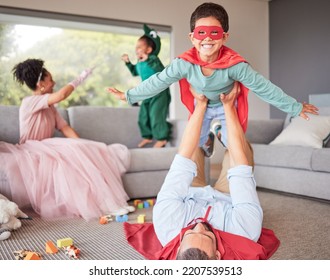 Happy Parents And Children In Costume Playing, Bonding And Having Fun Together In Living Room. Happiness, Excited And Family Enjoying Fantasy Dress Up For Halloween Entertainment With Kids At Home.