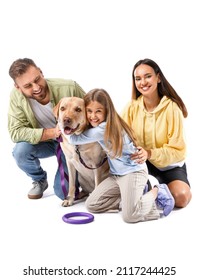 Happy Parents With Little Daughter And Cute Labrador Dog On White Background