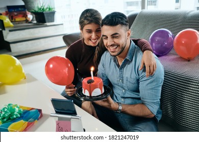 Happy People Celebrating Birthday Party Via Zoom On Smartphone