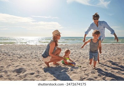 Happy, people and children playing on the beach on family holiday, vacation or adventure in summer. Boy, father and kids with Miami ocean for fun energy and happiness with running race chase game - Powered by Shutterstock