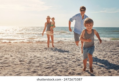 Happy, people and children playing on the beach on family vacation, holiday or adventure in summer. Boy, father and kids chase with Miami ocean for fun energy and happiness with race running game - Powered by Shutterstock