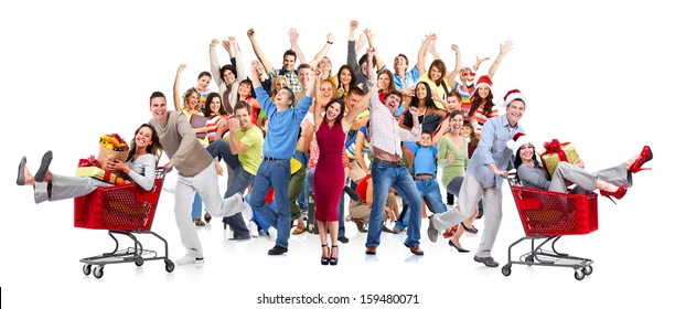 Happy People Crowd. Christmas Shopping Sale Background.