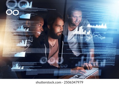 Happy people, data and night with computer on overlay for future development, analytics or statistics at office. Group of young developers working late on technology or graph in coding or programming - Powered by Shutterstock