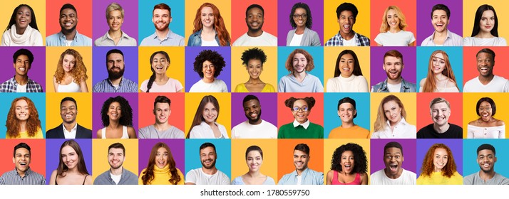 Happy People Faces Collage. Collection Of Different Joyful Millennials Portraits On Bright Colored Studio Backgrounds. Panorama - Shutterstock ID 1780559750
