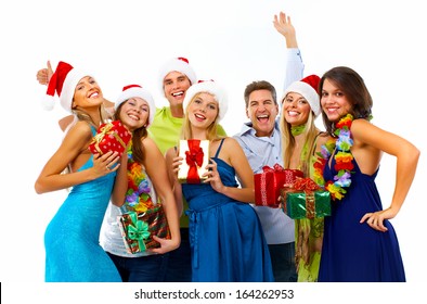 Happy People Group Isolated On White Background. Christmas Party.