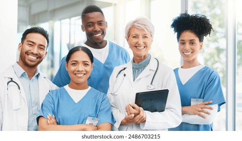 Happy people, portrait or doctor with team in confidence for healthcare, support or trust at hospital. Group of medical employees with smile for health advice, about us or emergency service at clinic