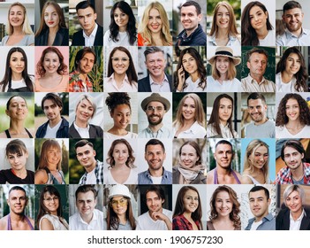A Lot Of Happy People, Portraits Of Group Headshots In Collage Mosaic Collection. Many Smiling Multicultural Faces Looking At Camera. Human Resource Society Database Concept.