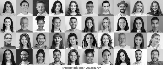 A Lot Of Happy People, Portraits Of Group Headshots In Collage Mosaic Collection. Many Smiling Multicultural Faces Looking At Camera. Human Resource Society Database Concept. Black And White 