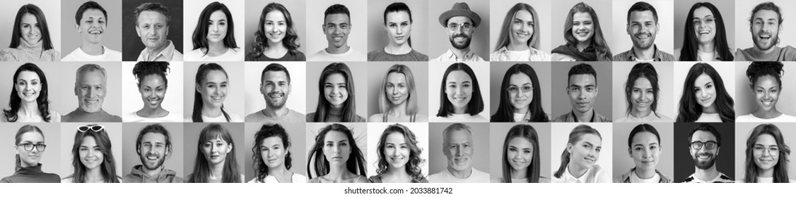 A lot of happy people, Portraits of group headshots in collage mosaic collection. Many smiling multicultural faces looking at camera. Human resource society database concept. Black and White 