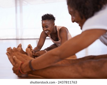 Happy, people and stretching legs on floor in studio, class to start dance and practice in rehearsal at academy. Healthy, exercise and students on ground for fitness with pilates or yoga in school - Powered by Shutterstock