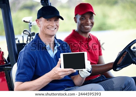 Happy, people and tablet with course on golf from personal trainer or coach for learning sport and game. Training, app and portrait with tech for teaching online lesson or tutorial from professional