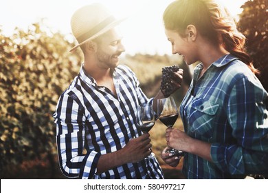 Happy People Tasting Wine In Vineyard