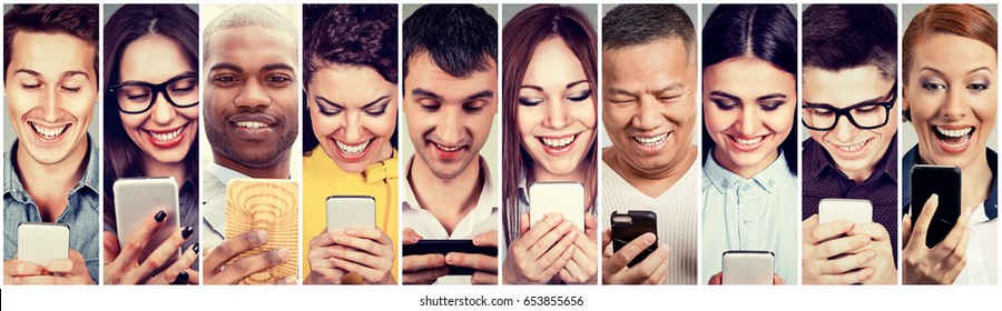 Happy people using mobile smart phone  - Shutterstock ID 653855656