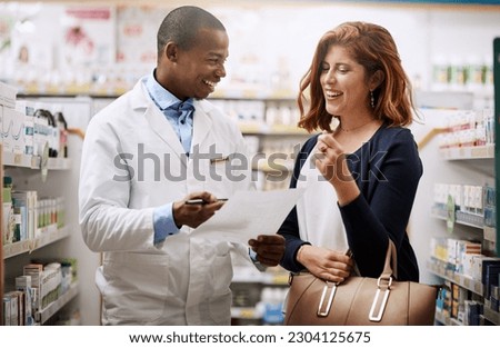 Happy pharmacist, patient and prescription at pharmacy in consultation for medication document. Man person, doctor or healthcare expert consulting woman or customer on pharmaceutical drugs at store