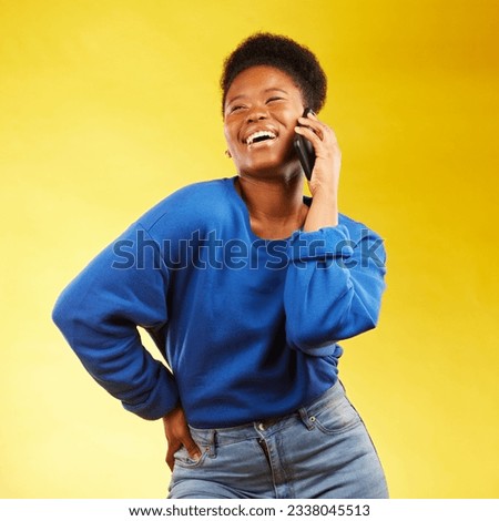 Happy, phone call and black woman in studio laugh, silly or share joke on yellow background. Funny, talking and African lady with goofy, gossip or conversation on smartphone for online communication