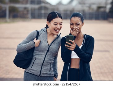 Happy, Phone And Friends Laughing At A Funny Online Joke After A Workout In A City Together, Cheerful, Humour And Carefree. Social Media, Internet And Women Sharing Comedy Meme Or Internet Post