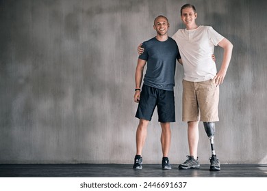 happy, physiotherapist and man with disability in portrait with prosthetic leg in mockup space. Studio, background and orthopedic healthcare or rehabilitation for disabled male person with smile - Powered by Shutterstock