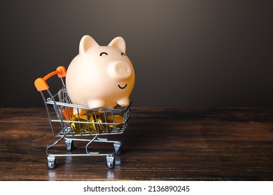 Happy piggy bank riding a money shopping cart. Get a lot of money. Prize, award. Payday. Profit from investments and deposits. Wealth and success, financial independence. Savings. Huge sale.