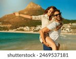 Happy, piggyback and portrait with couple on beach together for anniversary, date or romance in summer. Love, smile or vacation with man and woman on tropical island paradise for honeymoon holiday