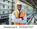 Happy, portrait and black man with confidence for construction site, architecture or civil engineering. Young African, male person or contractor with smile or arms crossed for industrial development