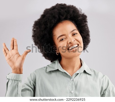 Happy portrait, black woman and face with vulcan hand sci fi and emoji sign with a smile in studio. Happiness, palm and greeting of a female salute with silly, cheerful and goofy hands gesture