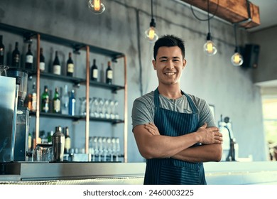 Happy, portrait and business owner of bar with pride in hospitality, service or waiter with arms crossed. Entrepreneur, smile and bartender in restaurant and professional server working with alcohol - Powered by Shutterstock