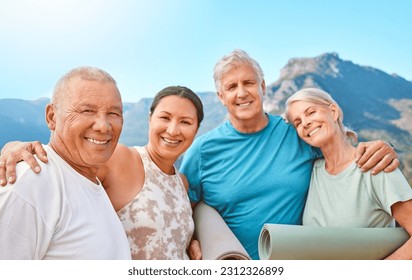 Happy, portrait and elderly friends with yoga mat outdoor at a wellness, health and spiritual resort. Fitness, smile and group of senior people at a pilates or meditation class in nature at a retreat