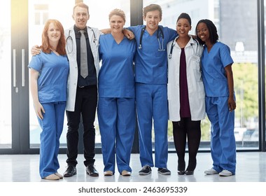 Happy, portrait and medical team in hospital for diversity, about us or support in clinic service. Smile, people and healthcare group, doctors and expert professional nurses together for wellness - Powered by Shutterstock