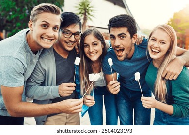 Happy, portrait and people roasting marshmallows in backyard for social event, gathering or hang out. Fun, smile and group of friends toasting, burning or melting sweet treat for smores snack outdoor - Powered by Shutterstock