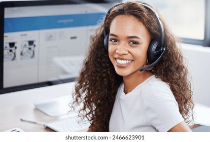 Happy, portrait and woman in call center with computer screen, headset and lead generation. Telemarketing, virtual assistant or confident customer service consultant on website for online booking. - Powered by Shutterstock