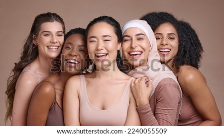Happy, portrait and women with diversity and beauty, friends together and inclusion, pride in different skin and studio background. Skincare, glow and empowerment with multicultural models.