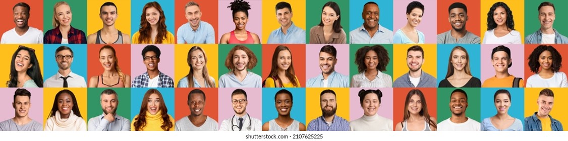 Happy Portraits Collage. Set Of Diverse Millennial People's Faces Over Colorful Studio Backgrounds, Mosaic With Cheerful Multicultural Men And Woman Smiling At Camera, Creative Collage, Panorama