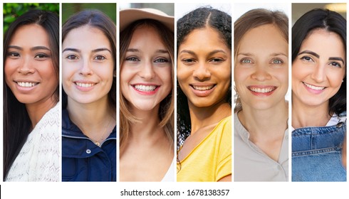 Happy Positive College Students Portrait Set. Cheerful Diverse Young Women In Casual Multiple Shot Collage. Positive Human Emotions Concept