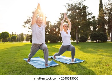 Happy positive fit mature couple of senior woman and man practicing partner yoga on open fresh air outside standing barefoot in warrior Virabhadrasana pose in nature on open air of city park exterior