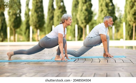 Happy positive fit mature couple of senior woman and man practicing partner yoga on open fresh air outside standing barefoot in warrior Virabhadrasana pose against background of city park exterior - Powered by Shutterstock