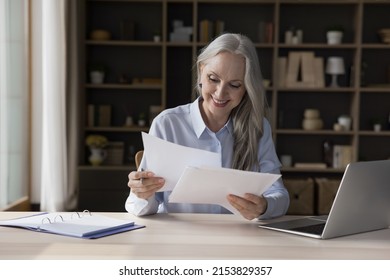 Happy Positive Senior Professional Woman Reviewing Insurance, Loan, Mortgage, Rent Agreement With Good Terms, Conditions, Doing Paperwork Job, Sitting At Laptop In Office, Smiling, Feeling Joy