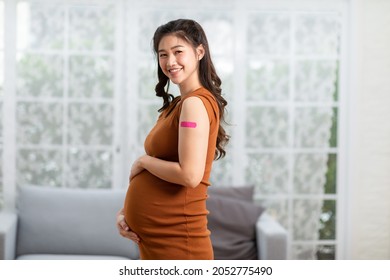 Happy Pregnant Asian Woman Received Anti Virus Vaccine Cheerful With Bandage,Pregnancy Of Young Woman Enjoying With Future Safety Life After Got COVID-19 Vaccination,vaccination In Pregnant Concept