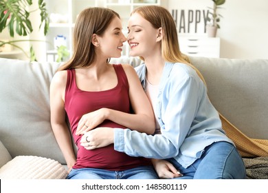 Happy Pregnant Lesbian Couple Home Stock Photo Edit Now