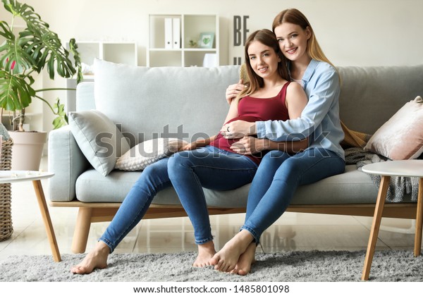 Happy Pregnant Lesbian Couple Home Stock Photo Edit Now